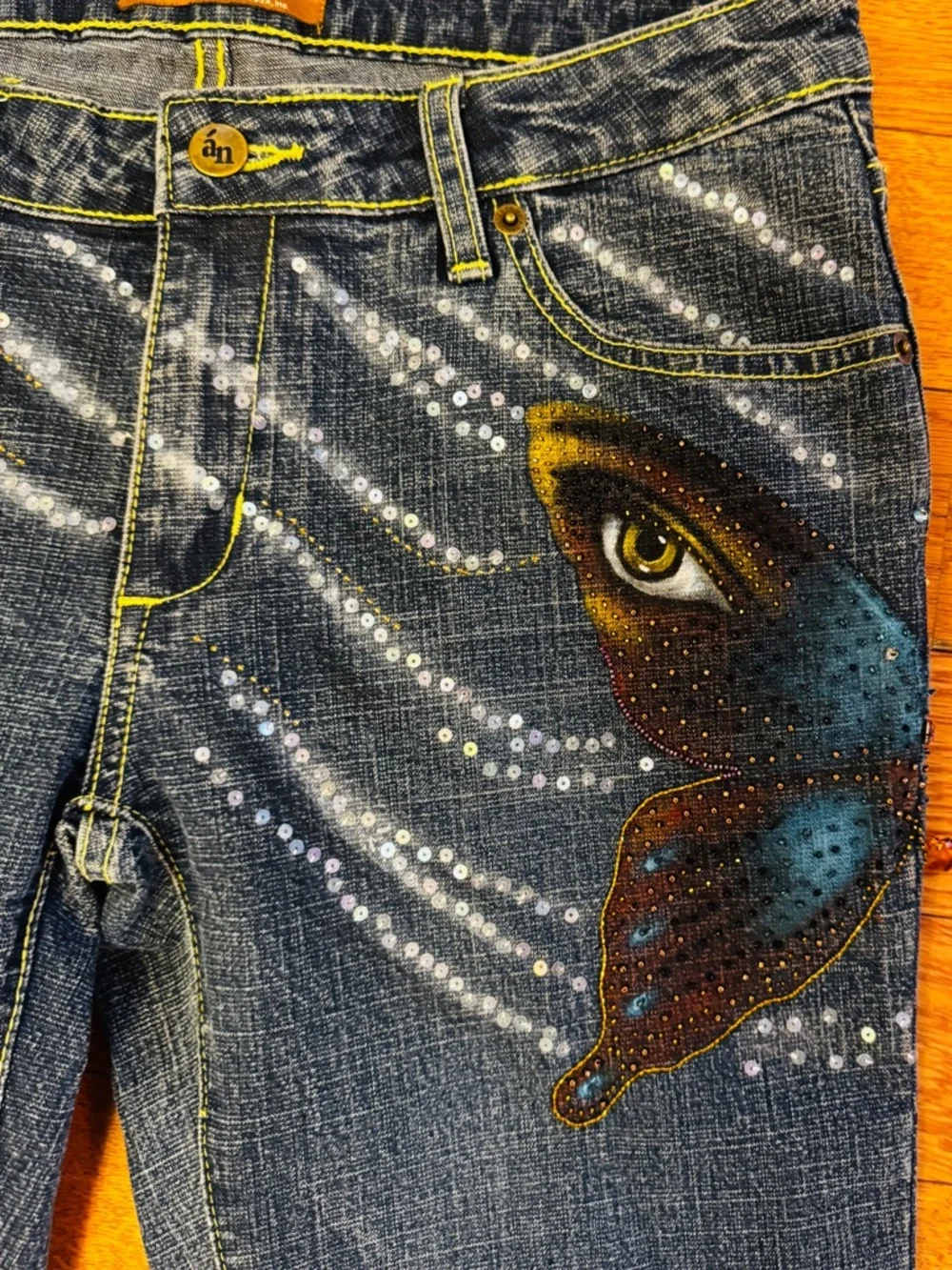 Embellished-Chic-One of a Kind Dark Blue Wide Leg Jeans with Artistic 3D Detail - Picture 2 of 10